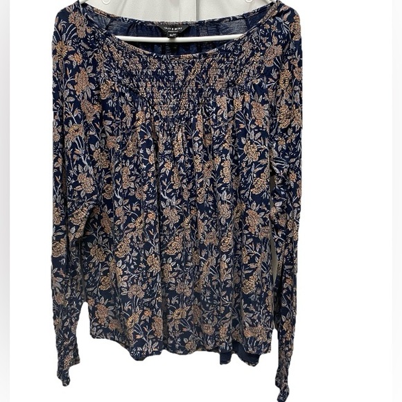 Lucky Brand Peasant Boho Knit Top Blouse Shirt Boho Floral Blue Plus